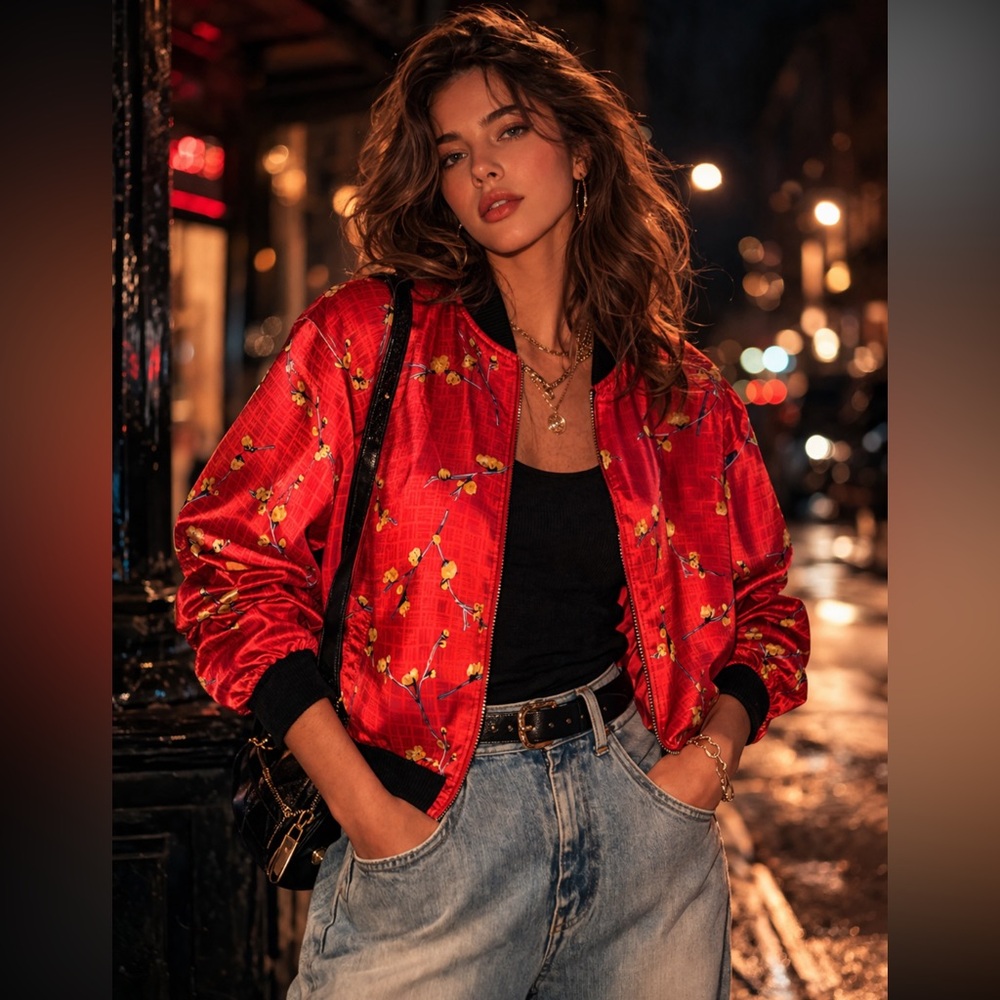 VTG Allison Taylor 100% Silk Red Floral Bomber Yellow Blossom Asian Inspired
